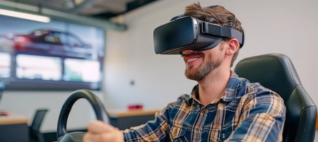 Virtual reality driving exam at school  man in vr glasses controls virtual car with steering wheel.の素材
