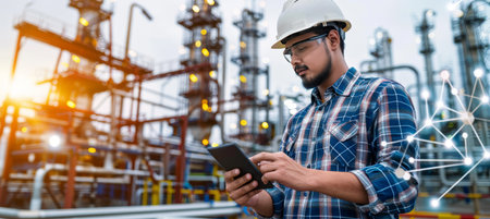 Male engineer in safety helmet using tablet at vibrant oil terminal with industrial lightingの素材