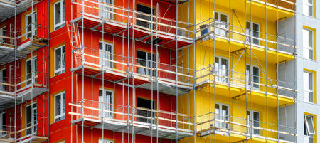 Colorful hoarding on high rise construction site with building outline emerging behind itの素材
