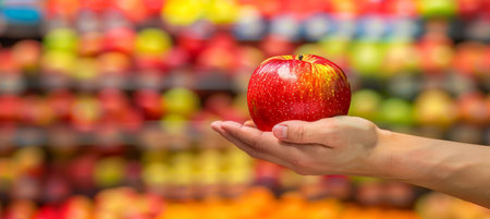 Hand holding organic apple with blurred background, ample copy space, focus on fresh applesの素材