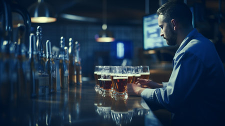 Modern brewery lab  technicians analyze samples under bright lights for precise beer productionの素材