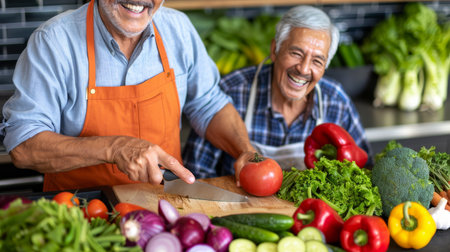 Elderly couple joyfully prepares salad, man in orange jacket signals happy cooking adventureの素材