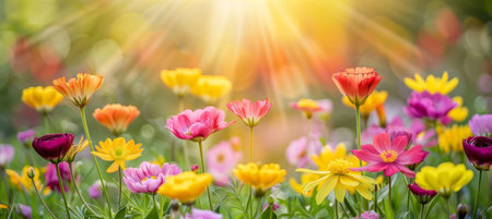 Vibrant spring floral background  colorful nature landscape with soft focus flowers in early summerの素材