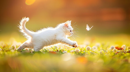 Energetic kittens playing and chasing butterflies in a beautiful flower garden settingの素材