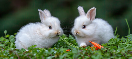 Charming fluffy white rabbits happily munching on fresh carrots in a picturesque gardenの素材