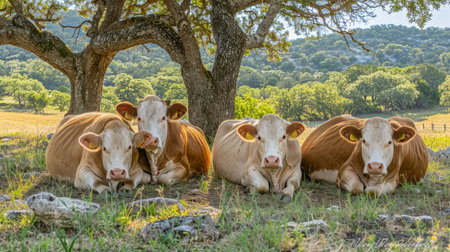 Tranquil scene  contented cows relaxing peacefully under the majestic shade of oak treesの素材