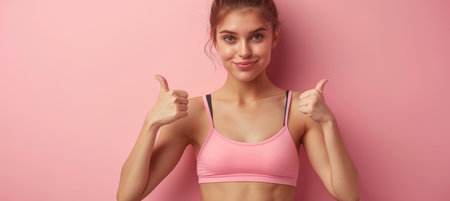 Athletic woman with thumbs up gesture on gradient pastel background, space for textの素材