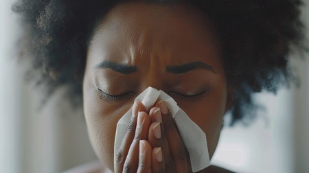 Close up of woman with cold blowing nose into tissue, health concept in detailed shotの素材