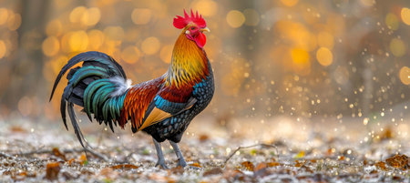 Majestic rooster crowing at sunrise on a picturesque farm in the beautiful morning lightの素材