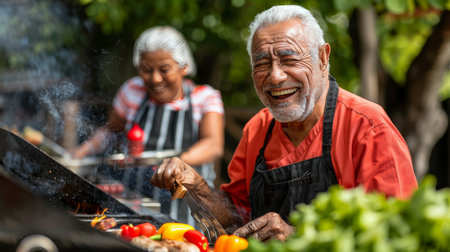 Elderly couple happily prepare colorful salad, adding adventure with vibrant orange jacketの素材