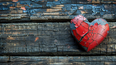 Cracked red heart on dark wooden surface for emotional symbolism and artistic backgroundの素材