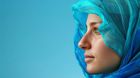 Elegant portrait of a beautiful woman in a hijab in a serene pastel colored photo studio settingの素材