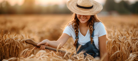 Joyful elderly woman smiling in the sunset surrounded by the beauty of a wheat fieldの素材