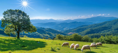 Tranquil scene with sheep grazing in picturesque mountain pasture under peaceful outdoor ambianceの素材