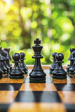 Success strategy  chess game on board, leadership concept with copy space on blurred backgroundの素材