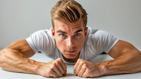 Young european man exuding strength and focus in dynamic fitness poses against studio backgroundの素材