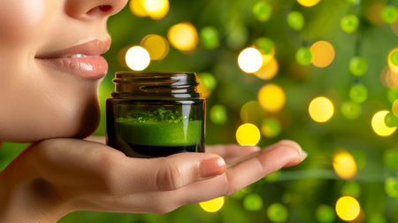 Youthful beauty embracing skincare routine against soft background, ideal for wellness messageの素材