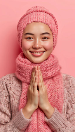 Joyful asian muslim woman celebrating eid mubarak with bright smile on soft colored backgroundの素材