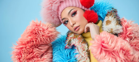 Elegant portrait of a hijab wearing woman in a pastel color photo studio settingの素材