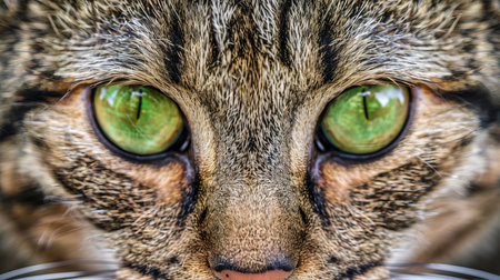 Intense gaze capturing cat s face up close, highlighting pets as an essential part of daily life.の素材