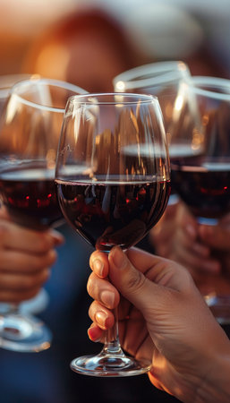 Summer friends toasting with glasses of red wine at outdoor party, joyous celebration in the sunの素材