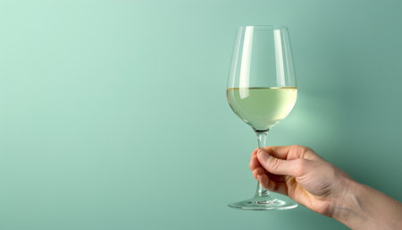 Side view of a hand holding white wine glass on light pastel background with copy spaceの素材