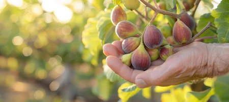 Hand holding ripe fig with selection on blurred background, copy space for text placementの素材