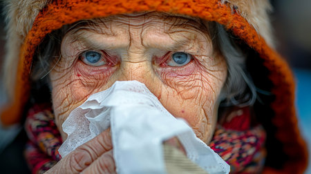 Close up of senior woman blowing nose into tissue, concept of sickness and healthcareの素材
