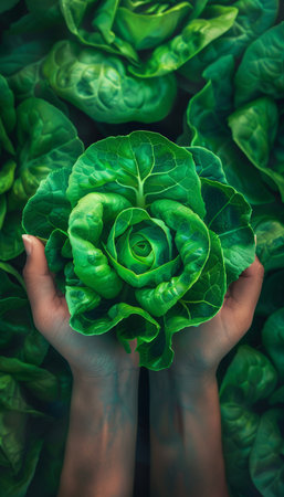 Freshly picked lettuce leaves held in hand with a variety of lettuce types on blurred backgroundの素材