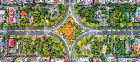 Aerial view of intricate multilevel highway junction interchange road network structureの素材