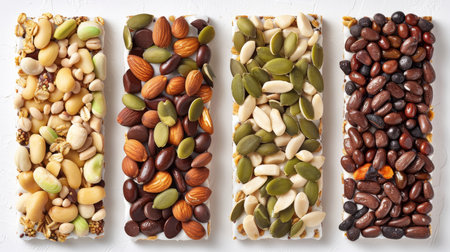 Granola bars on white isolated background, food product displayed for clean presentationの素材