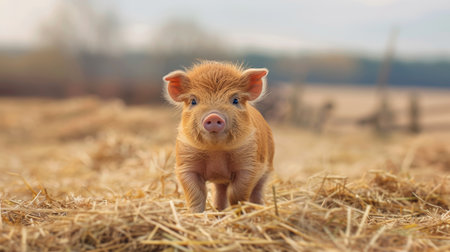 Adorable small piglet in rustic farmyard, cute young pig in rural agriculture settingの素材