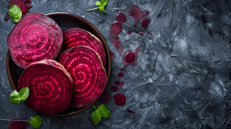 Fresh beetroot on kitchen table in flat lay composition for food photography enthusiastsの素材