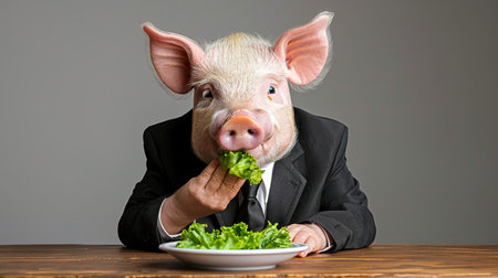 Stylishly dressed pig in professional business outfit enjoying a meal at a tableの素材