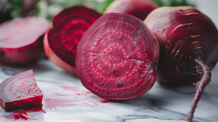 Organic beetroot on rustic wooden kitchen table, flat lay composition for natural food conceptの素材