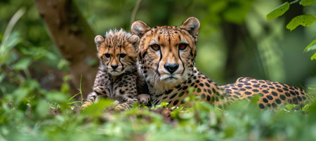 Male cheetah and playful cub portrait with spacious area on the left side ideal for text placementの素材