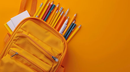 School bag essentials  stationery supplies banner design on orange background with text spaceの素材