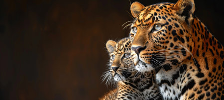 Male leopard and cub portrait with text space, object on right side for visual harmonyの素材