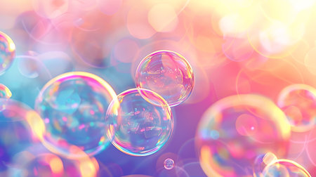 Vivid soap bubble reflecting a dazzling rainbow of colors in the beautiful backgroundの素材