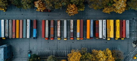 Truck transport fleet parked at delivery company yard for efficient logistics operationsの素材