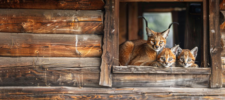 Male caracal and kitten portrait with empty space on the left for text placementの素材