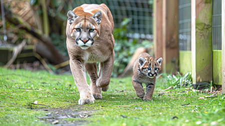 Male cougar and cub portrait with space for text, object on right side, ideal for adding captionsの素材