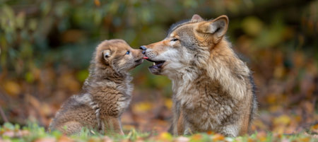 Male wolf and cub portrait, ample space on left for text, object positioned on right sideの素材
