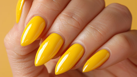 Close up of stylish woman s hand with striking yellow nail polish on well groomed fingernailsの素材