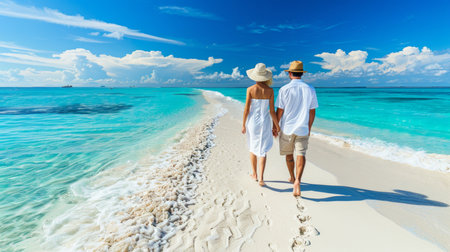 Romantic young couple walking on white sandy beach of a tropical paradise island.の素材