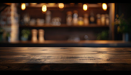 Empty wooden table on blurred kitchen counter background for versatile and stylish presentationsの素材