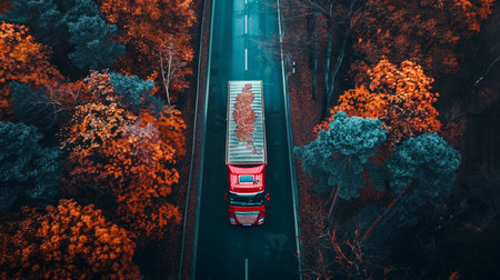 Aerial drone view of car and truck on highway road in lush green forest from aboveの素材