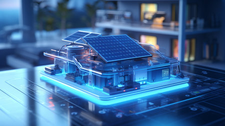 Futuristic smart home model with solar panels on blurred background, renewable energy concept.の素材