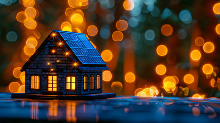 Futuristic smart home with solar panels for renewable energy on blurred backgroundの素材