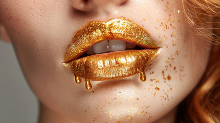 Golden metallic makeup  stunning model with gold paint drips on lips, nails, and skinの素材